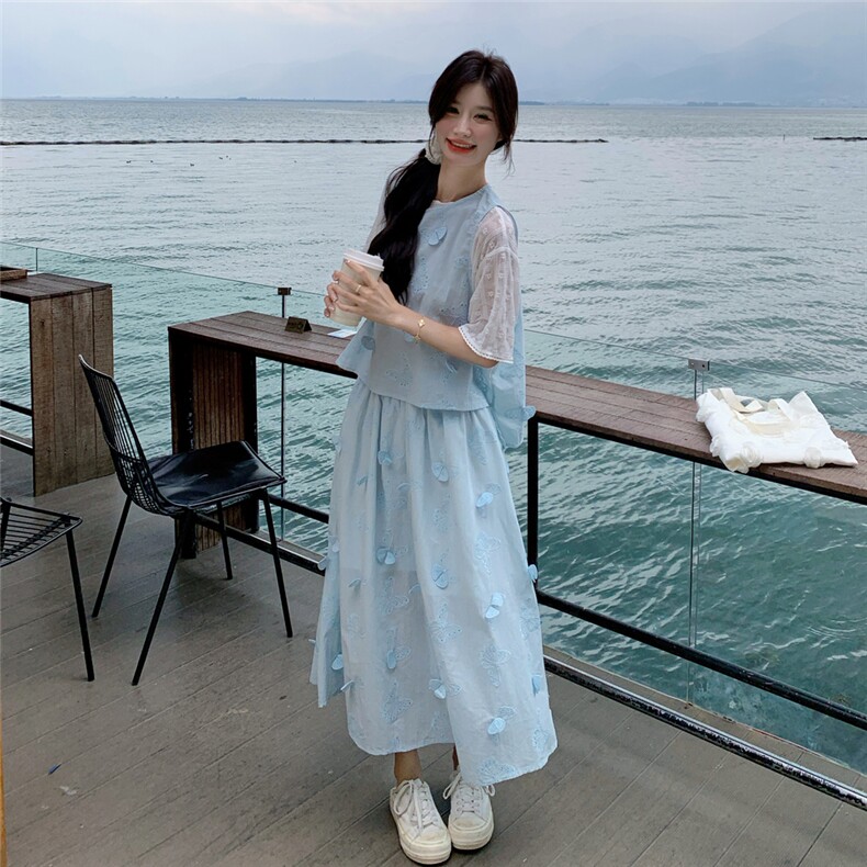 蕾丝短袖立体蝴蝶马甲半身裙三件套2591P195K288图片