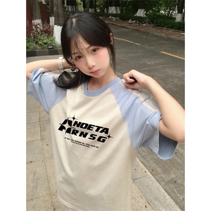 抖音得物品质二开240克宽松纯棉美式潮牌插肩三杠织带短袖T恤图片