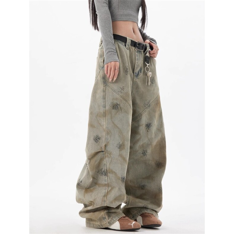 美式黄泥染重工脏洗阔腿牛仔裤男女水洗做旧宽松弯刀裤AM1076P62，男装牛仔裤，星座1013-5