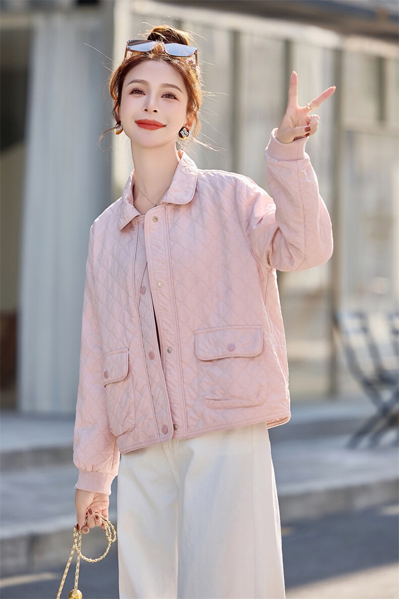 粉色菱格小香风短外套女2026春秋新款洋气减龄小个子休闲百搭上衣,女装短外套,余墨
