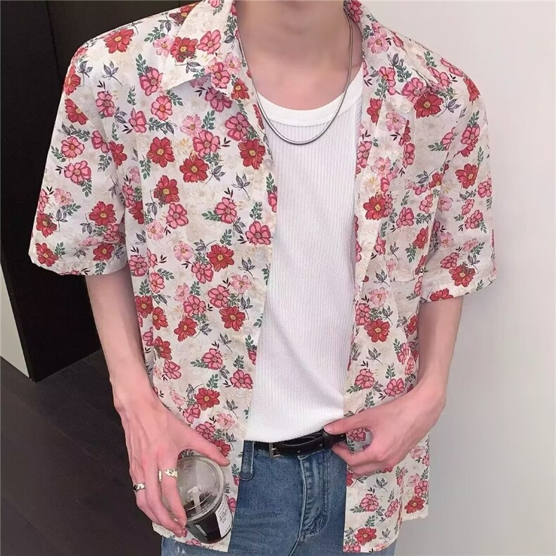 夏季度假风花衬衫短袖男生碎花撞色痞帅开衫薄外套A5243-P30,男装T恤,星座208-5