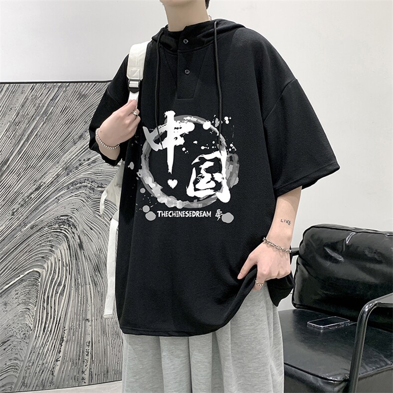 LD54134-P45连帽短袖t恤男大码胖子带帽五分袖中袖大皂风,男装T恤,电商A040