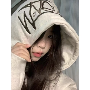 卫衣女生2025新款秋冬潮牌刺绣美式高街连帽上衣外套 W37图片