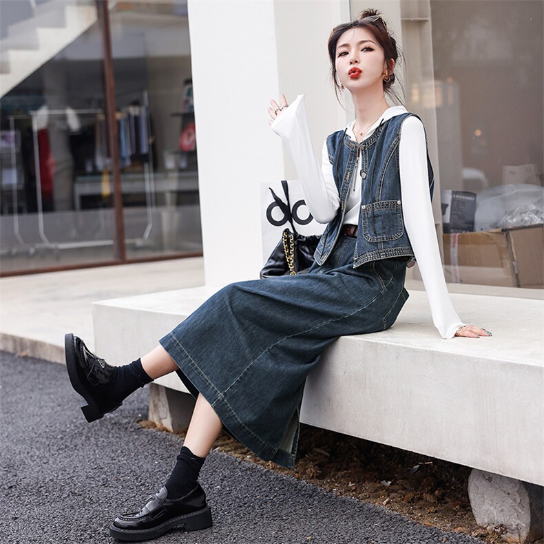 洋气减龄套装裙女2025春装新款牛仔马甲半身裙卫衣三件套时髦穿搭,女装套装/套裙,钱塘布衣