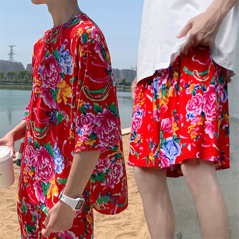 Z1休闲风男士大码透气大花凉爽T恤七分袖衫短裤套装男女纱衣,男装牛仔裤,星座115A(原星座507）