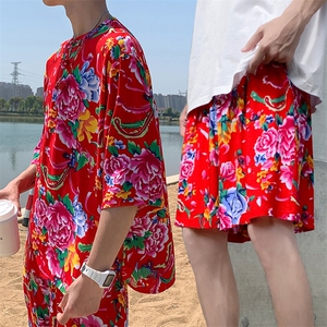 Z1休闲风男士大码透气大花凉爽T恤七分袖衫短裤套装男女纱衣图片