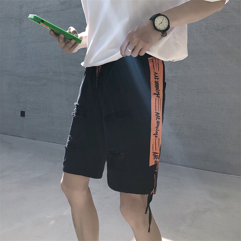 夏季新款港风中裤宽松休闲裤短裤 牛仔裤男 松紧腰五分裤D/图片