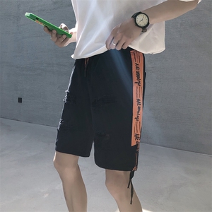 夏季新款港风中裤宽松休闲裤短裤 牛仔裤男 松紧腰五分裤D/图片