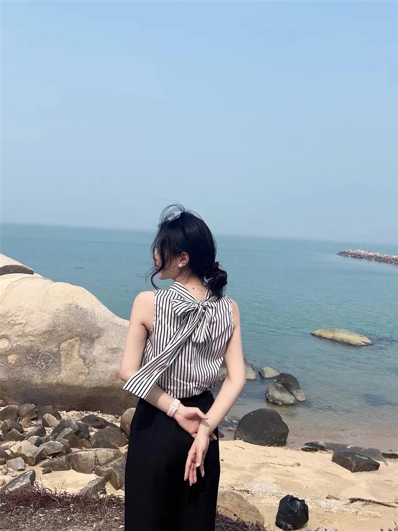 雪纺条纹无袖衫带衫,女装T恤,米咔羊绒