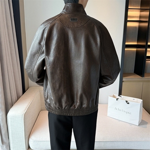 加绒皮衣新款老钱风男士加绒皮衣翻领高品质短款风衣PY71-120图片