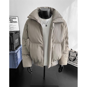 现货5W件冬季三防重磅硬挺boxy短款羽绒立领PU皮棉衣外套加厚棉服图片