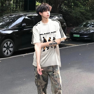 抖音得物高品质二开240克宽松纯棉美式潮牌三条杠织带短袖T恤,男装T恤,电商A486-1