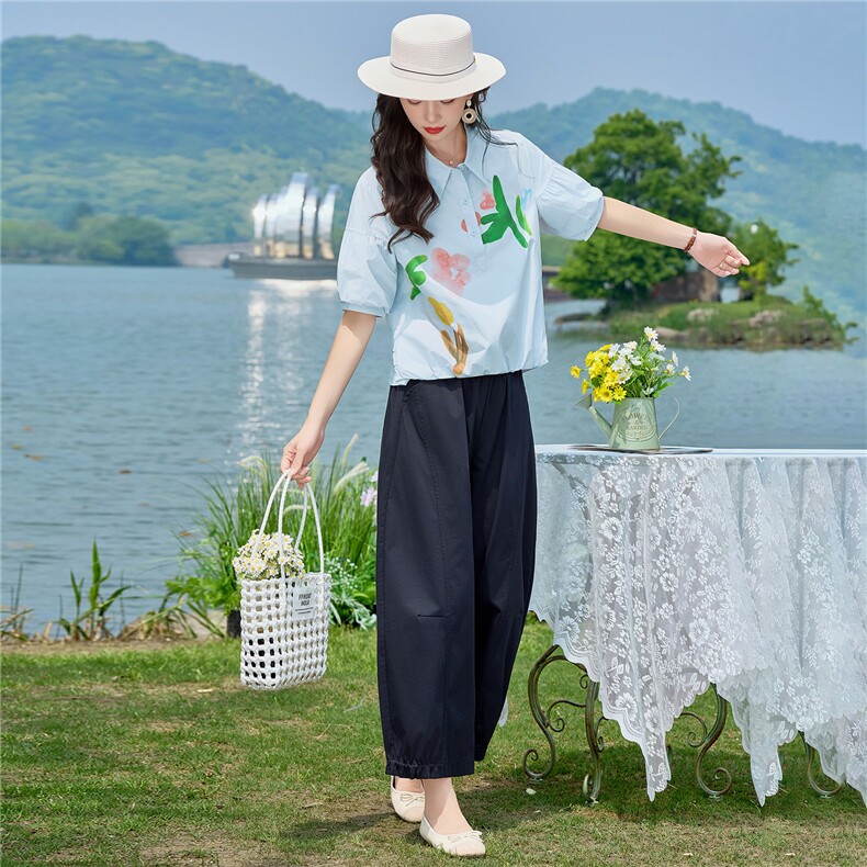 2026年夏季新款时尚水墨印花衬衫裤子两件套,女装套装/套裙,依路服饰