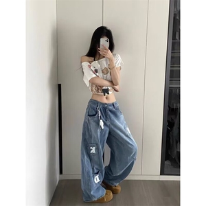 26@美式复古阔腿弯刀宽松刺绣廓形多口袋牛仔长裤K71236-P55网图图片