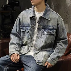 牛仔外套男士春秋复古做旧水洗翻领双口袋夹克上衣潮XX8849P73，男装工装外套，星座1013-5