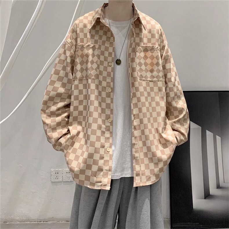棋盘格子衬衫男高级感炸街外套计感复古衬衣男装LS2210P35,男装衬衫,星座1013-5