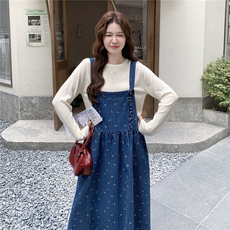休闲T恤碎花牛仔背带连衣裙套装女春秋季2025新款学院风减龄裙子,女装套装/套裙,2C057