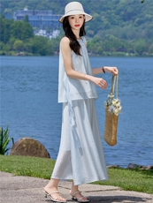 （新款现货）2026夏装时尚挂脖飘带领花上衣+半裙超仙套裙两件套，女装套装/套裙，印象茜
