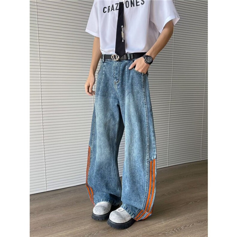 高街牛仔裤男女韩版潮流条纹拼色帅气2026夏季ins长裤RK2656-P57图片