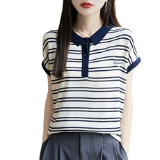 夏季薄款POLO领条纹针织短袖T恤衫女2025新款天丝小个子百搭上衣，女装针织衫/毛衣，郡淞羊绒
