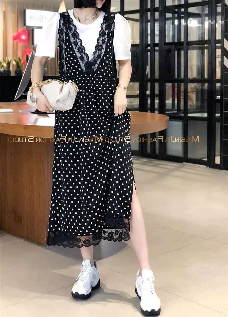 欧洲站女装2021夏季新款时尚拼蕾丝波点显瘦吊带假两件连衣裙，女装连衣裙，潮品会