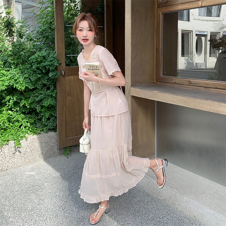 高端时尚套装裙女2025夏季新款洋气宽松系带收腰小衫吊带裙套装,女装套装/套裙,幸运星