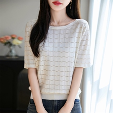 天丝针织正肩短袖T恤女2025夏季新款波浪纹镂空薄款透气纯色上衣t，女装T恤，昭美羊绒