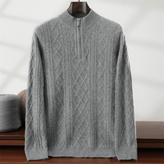 秋冬新款纯色针织半高拉链套头上衣，男装针织衫/毛衣，隆格羊绒