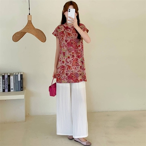 新中式g风套装女2026夏季流行复古印花盘扣旗袍上衣阔腿裤两件套图片
