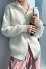 翻领双拉链100%纯羊毛开衫女高领加厚长袖毛衣宽松羊绒衫外搭上衣，女装羊毛衫，冀清阳荣