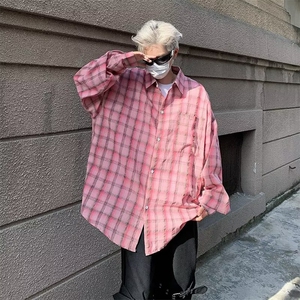 格子衬衫男女同款ins潮牌宽松痞帅长袖格纹衬衣帅气薄款防晒外套图片