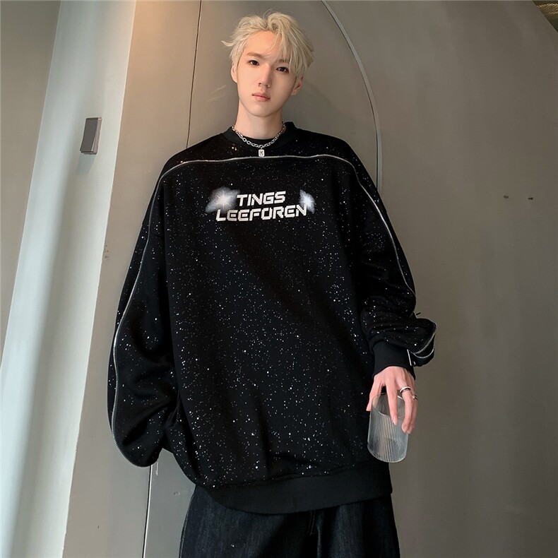 现货美式双拉链拼接卫衣男满天星圆领廓形插肩袖外套W89-P78,女装短外套,电商C307A