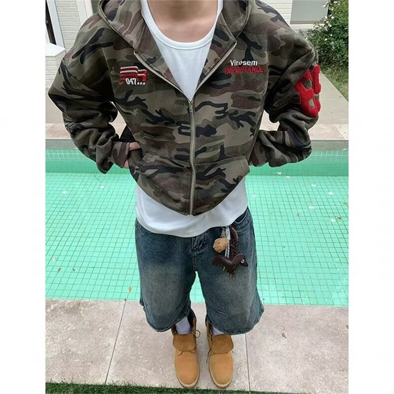 1506/QW3670/P56美式复古水洗迷彩刺绣连帽卫衣外套宽松休闲帽衫,女装短外套,星座1506