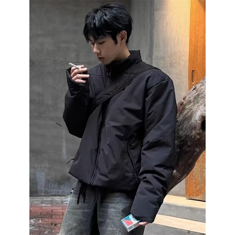 基础款黑色棉服男冬季美式潮牌痞帅夹棉加厚立领棉衣外套图片