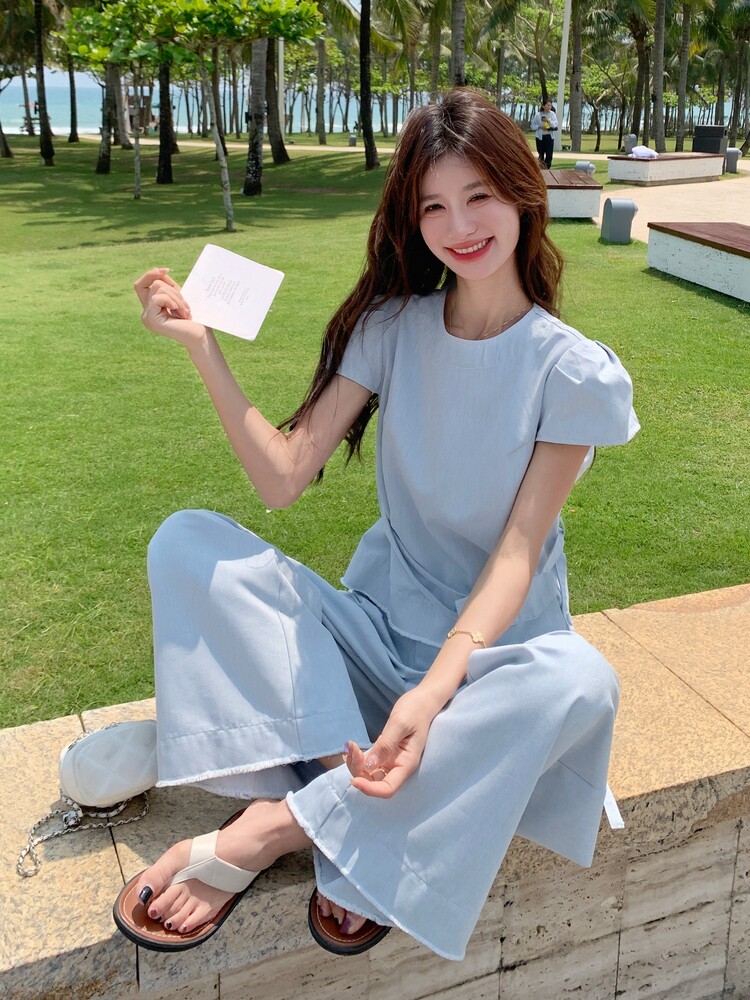 今年流行时尚套装女夏季新款设计感轻薄上衣阔腿裤休闲气质两件套,女装套装/套裙,慧尚2-185
