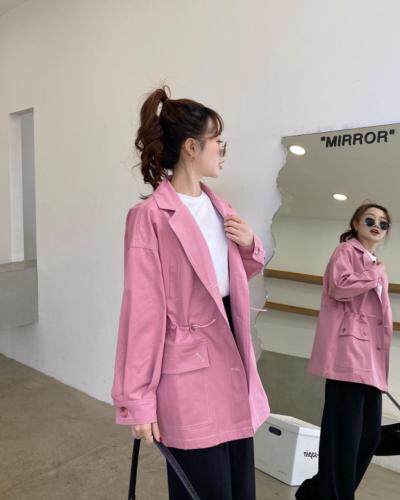 香丽迪抽绳收腰风衣女春装新款火龙果色小个子休闲外套中长款显瘦，女装风衣，香丽迪1