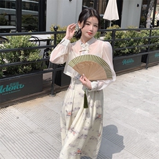 新款时尚复古盘扣立领两件套中式文艺套裙套装，女装连衣裙，秀美人生