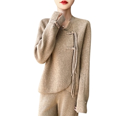 优雅气质秋冬新款简约盘扣羊毛开衫显瘦百搭时尚外套，女装羊毛衫，狄美羊绒