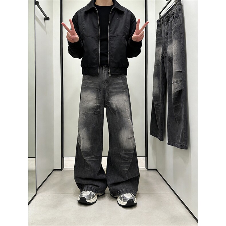 黑灰色裂纹牛仔裤宽松牛仔长裤A157-P60,男装牛仔裤,电商D312