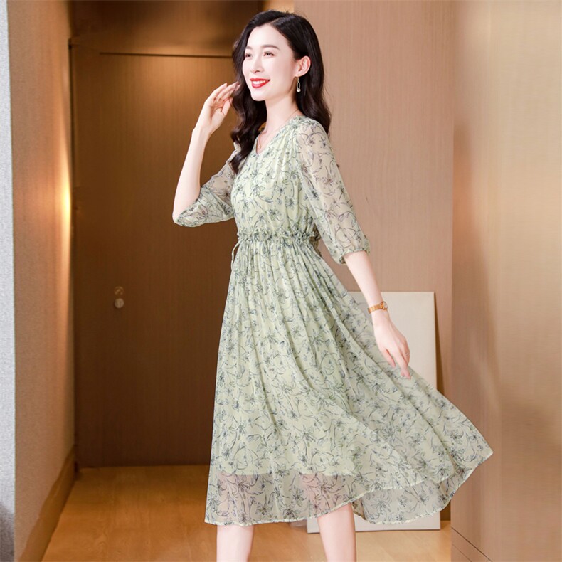 真丝连衣裙2025夏季新款大码女装衣服桑蚕丝高端精致气质碎花裙子,女装连衣裙,阿舍尔精品