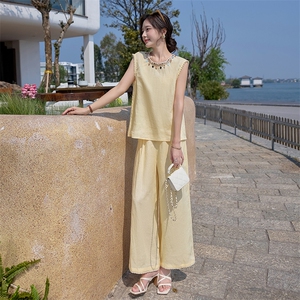 bebejudy海边度假~多巴胺休闲亚麻套装女夏季背心阔腿裤两件套装图片