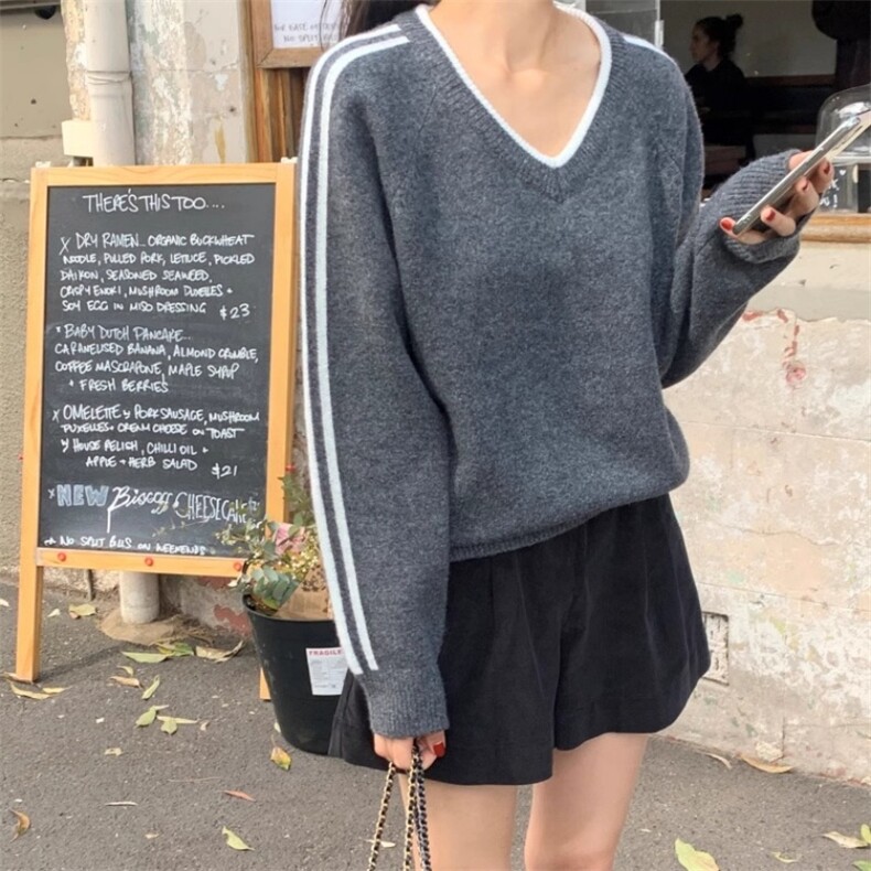 2025年秋季新款百搭女士拼色长袖双条V领羊毛衫，女装羊毛衫，胜智羊绒