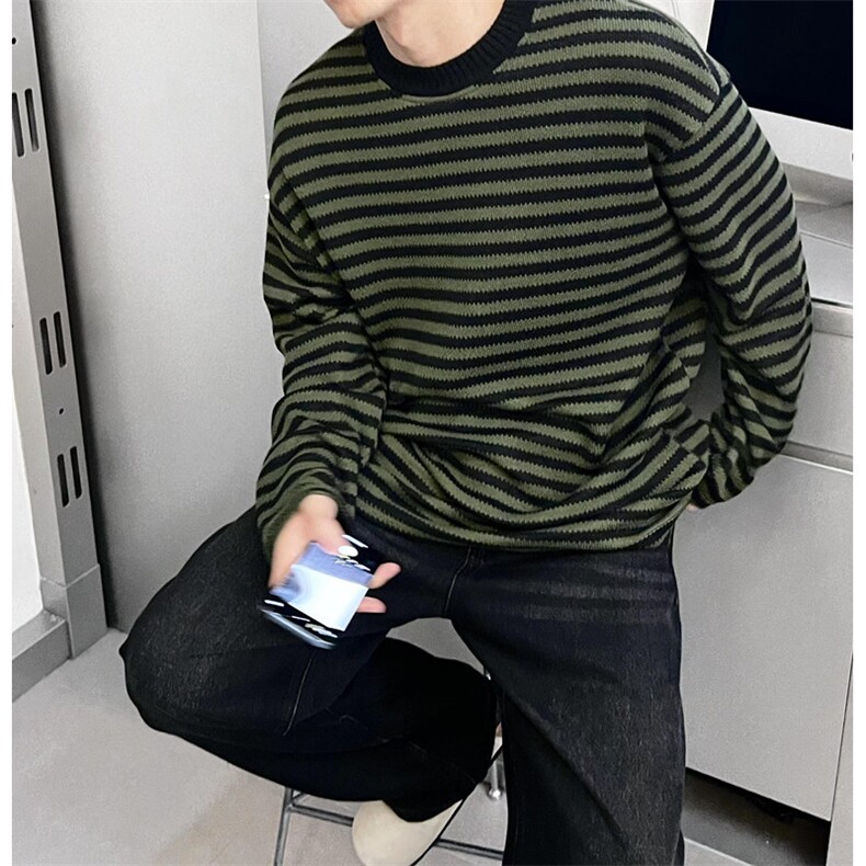 条纹卫衣男阔版落肩休闲外套秋冬双层复合针织圆领套头衫 M7193图片