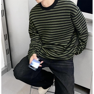 条纹卫衣男阔版落肩休闲外套秋冬双层复合针织圆领套头衫 M7193图片