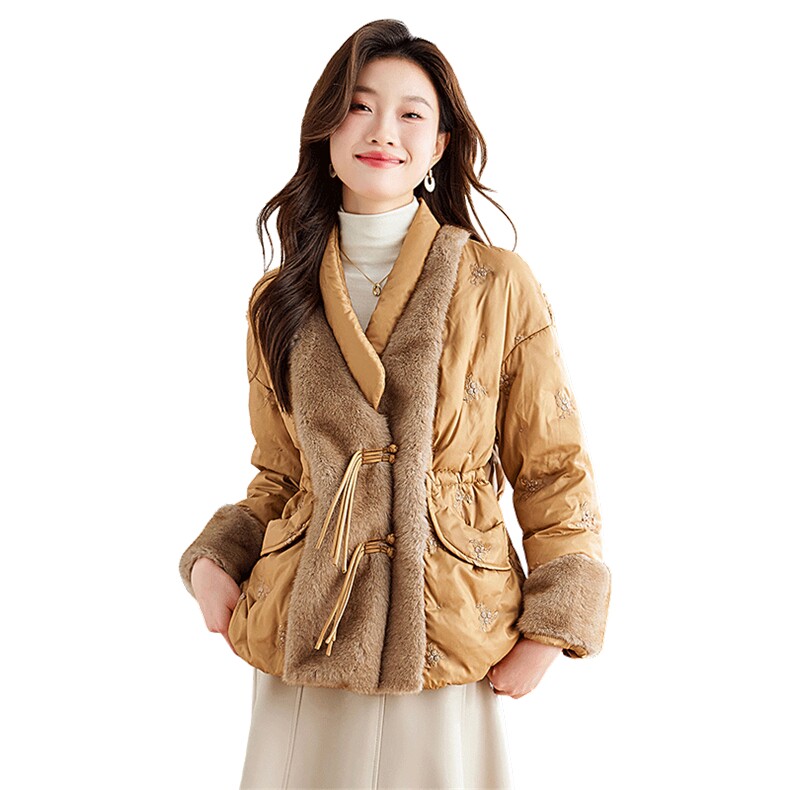 新中式羽绒服女2024新款冬季女款白色女士刺绣白鸭绒皮草外套,女装羽绒服,浙宝281