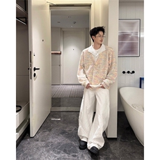 美式男士卫衣慵懒风彩点假两件翻领毛衣外衣宽松休闲针织衫，男装针织衫/毛衣，电商B319