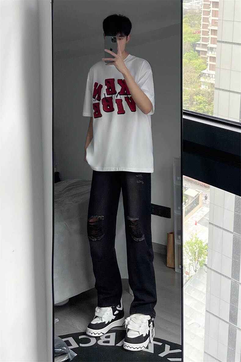 B221美式ins高街暗黑小众直筒破洞牛仔裤LK23056-P60控78,男装牛仔裤,电商B221