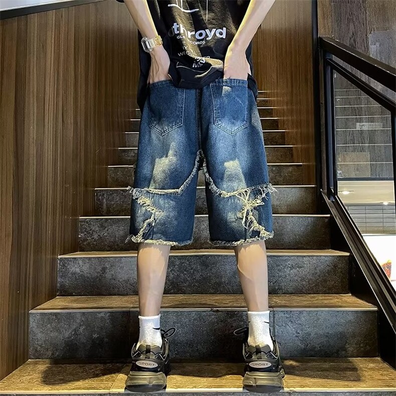 美式潮牌嘻哈牛仔短裤男夏季高街毛边设计感宽松直筒阔腿五分裤子,男装牛仔裤,星座601-2