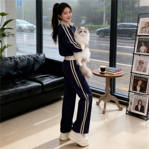 潮牌立领时尚运动套装女秋新款开衫拼接条纹短款外套阔腿裤两件套图片
