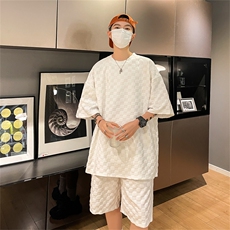 TZ84647/P60夏季新款格子短袖短裤t恤休闲宽松大码两件套套装男，男装休闲套装，电商A141